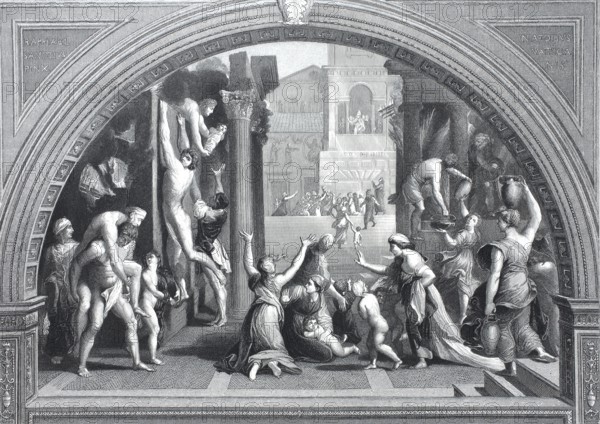 Incendio del Borgo, Fire in the Borgo, fresco by Raphael. It depicts the legend of a fire that