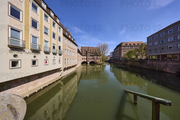 Heilig-Geist-Spital, Spital-Apotheke, historical buildings, river Pegnitz, facade, windows, trees,