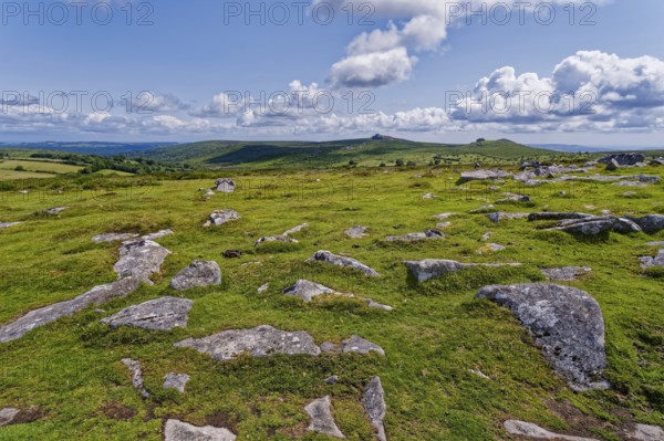 Stones and landscape at the top Tor tor rock hill in Dartmoor National Park. Widecombe-in-the-Moor,