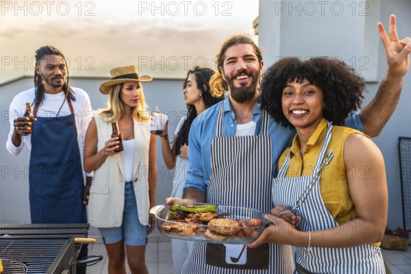 Chefs celebrating with friends on a rooftop, grilling delicious food, enjoying drinks, and sharing