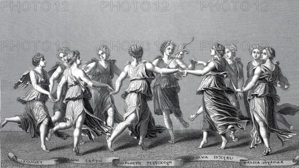 Apollo and the nine muses, steel engraving after a painting by Antoniazzo Romano, actually Antonio