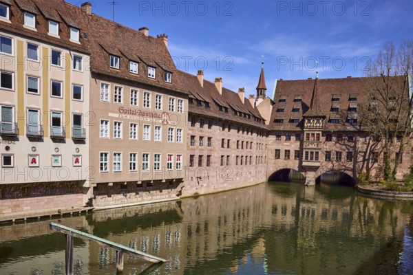 Heilig-Geist-Spital, historic hospital, pharmacy, river Pegnitz, historic buildings, facade,