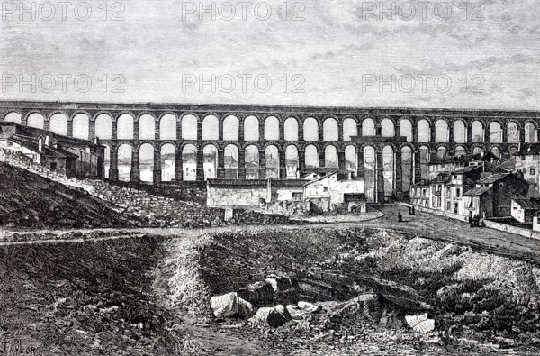The ancient Roman water conduit, aqueduct, in Segovia, around 1890, Spain, Historical, digitally