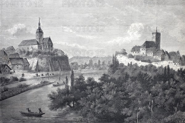 View of Lauffen am Neckar, 1869, Castle and Regiswindiskirche, District of Heilbronn,