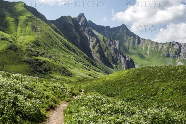 Hiking trail to the Hochalp Pass, Bärgunttal, behind Höferspitze, Weißer Schrofen and Heiterberg,