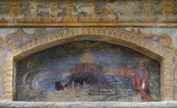 Fresco of the wonder of the world Alexandria, lighthouse on the island of Pharos at the fountain of