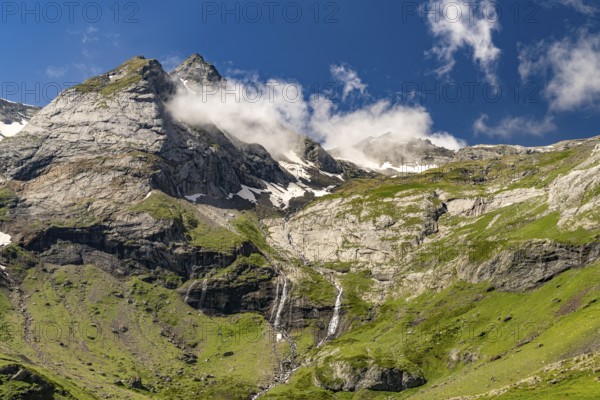 Waterfall at the Cirque de Troumouse basin in the Pyrenees National Park near Gavarnie-Gèdre,