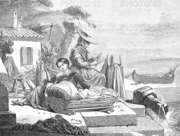 A fishing family from Nice mending nets, France, Historical, Reproduction from a model with a scene