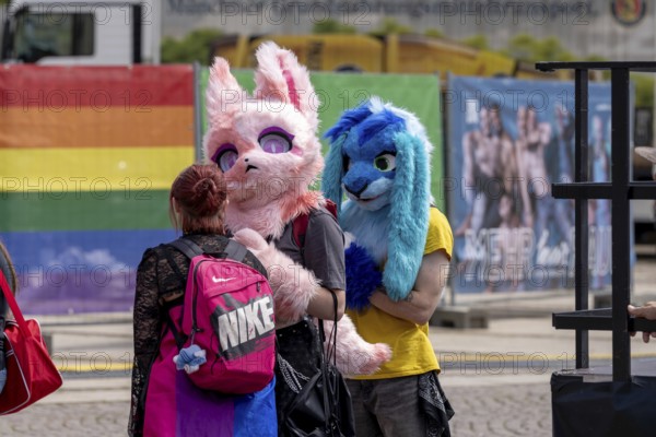 Participants with plush bunny masks, so-called furries, at Christopher Street Day in Leipzig on 28