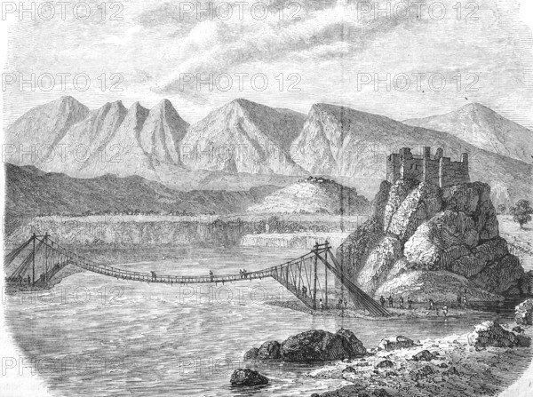 Rope bridge over the Jhelam near Sirinagur, Srinagar, Kashmir, India, Historical, Reproduction from