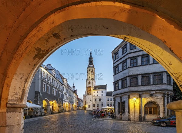 View of Untermarkt - Lower Market Square and the Old Town Hall Clock Tower, Görlitz, Goerlitz,