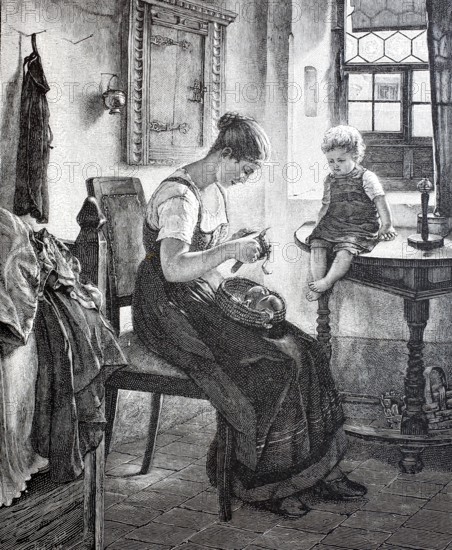 Preparing lunch, woman peeling potato, child sitting on the table and watching, c. 1888,
