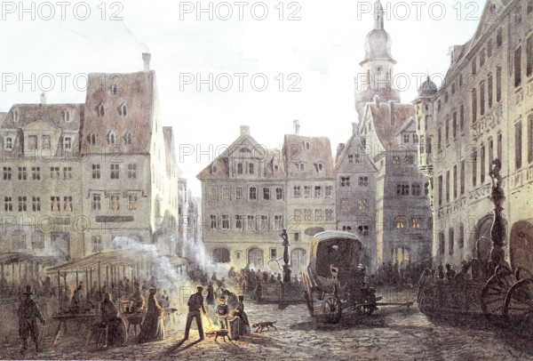 The market square in the evening, 1845, Coburg, Upper Franconia, Germany, Historical, digitally