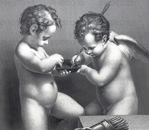 Cupids, figure of a naked, winged boy, as companion of the Roman god of love, putti, steel