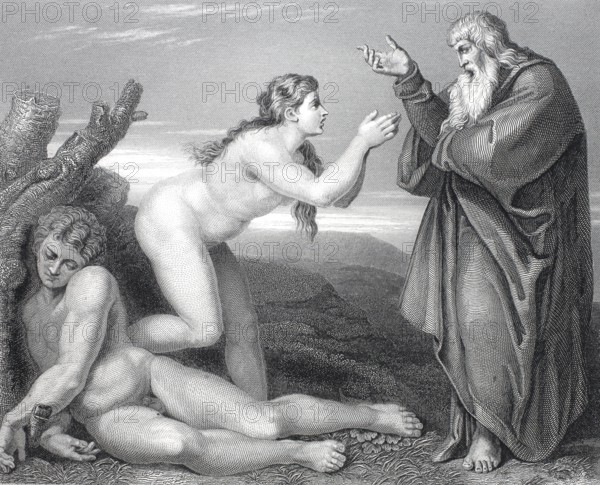The Creation of Eve by God, steel engraving after a painting by Michelangelo, Sistine Chapel,