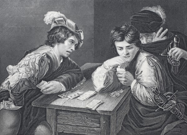 The players, two men playing cards for money, a third looks on, steel engraving after a painting by