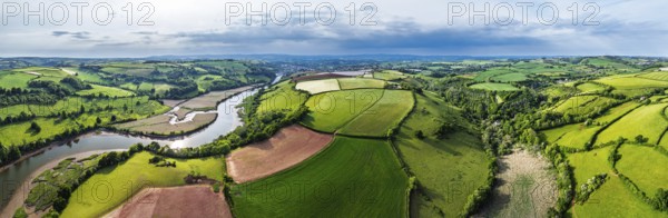 Panorama of Farms and Fields over River Dart from a drone, Stoke Gabriel, Totnes, Devon, England,