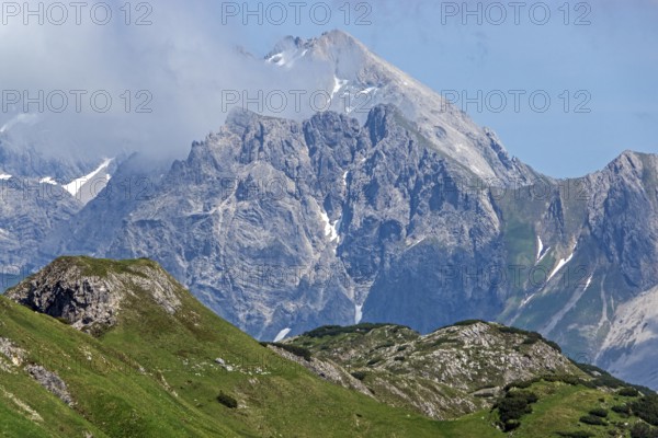 View from the Hochalp Pass, behind Biberkopf, Allgäu Alps, near Hochkrumbach, Vorarlberg, Austria