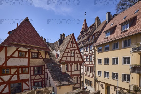 Historic half-timbered houses, residential buildings, gables, pointed roofs, facade, windows, blue