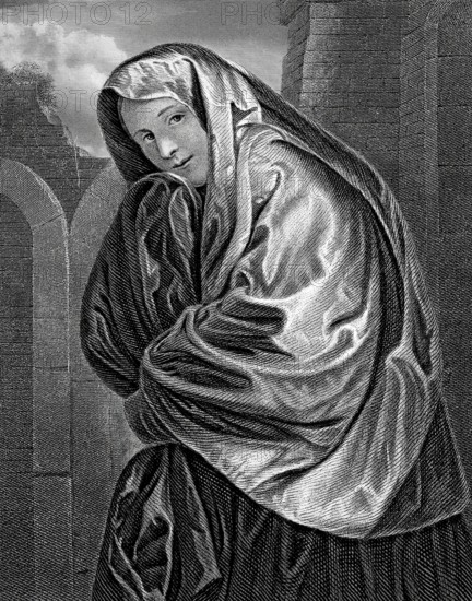 Portrait of a Venetian woman, woman with veil, steel engraving after a painting by Giovanni