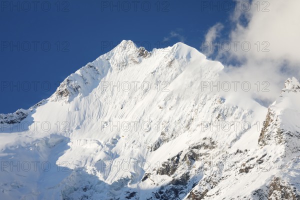 Freshly snow-covered summit of Piz Bernina and Biancograt, Engadin in the canton of Graubünden,