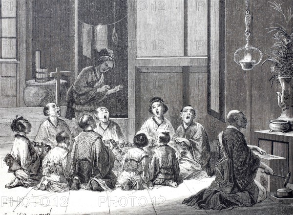 Japanese family gathered for prayer, praying, religion, home altar, 1870, Japan, Historical,