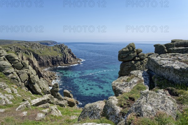 Rock formation off the west coast of England on the Atlantic Ocean. Land's End, the tip of the