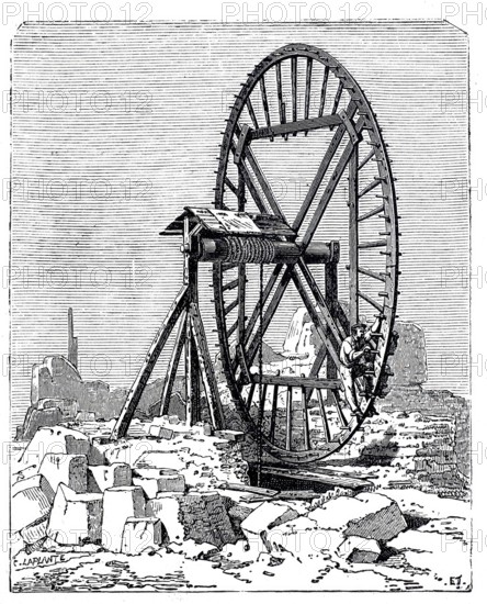 Lifting loads in quarries using a wheel driven by human power, digitally enhanced reproduction of a