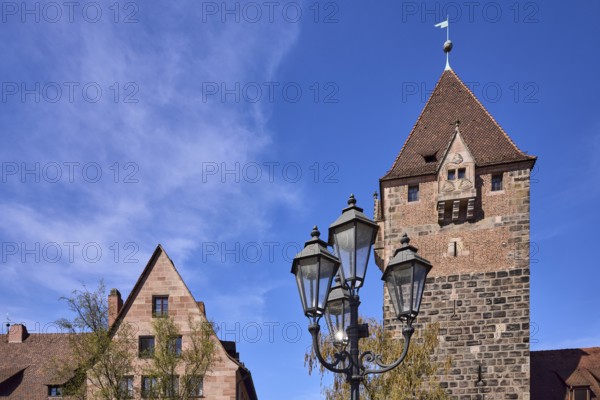 School tower, lantern, historic building, blue sky, cirrostratus clouds, Nuremberg, Middle