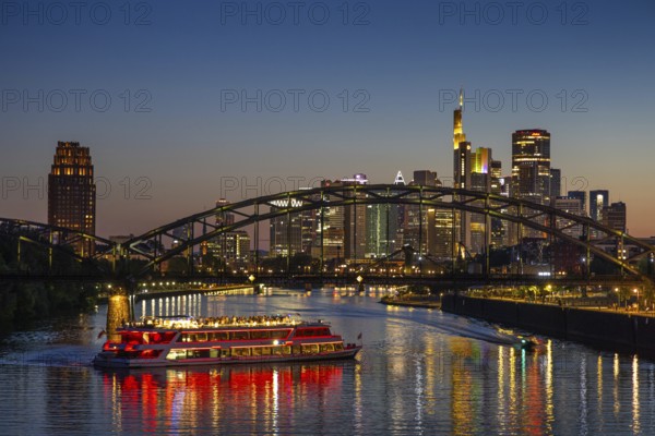 The lights of Frankfurt's banking skyline glow in the evening, Osthafen, Frankfurt am Main, Hesse,
