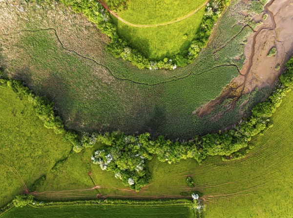 Top Down over Marshes over River Dart from a drone, Stoke Gabriel, Totnes, Devon, England, United
