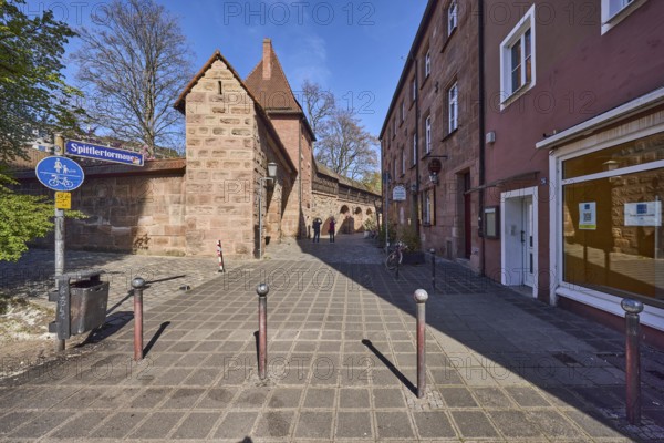 Old town, city fortification, city wall, buildings, trees, bollards, blue sky, Spittlertor wall,