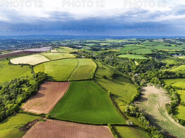 Farms and Fields over River Dart from a drone, Stoke Gabriel, Totnes, Devon, England, United