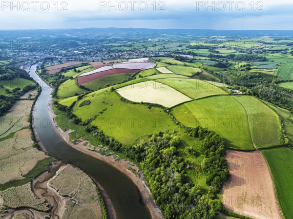 Farms and Fields over River Dart from a drone, Stoke Gabriel, Totnes, Devon, England, United
