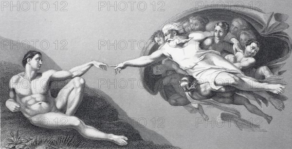 The Creation of Man, Sistine Chapel, steel engraving after the fresco by Michelangelo, Vatican,