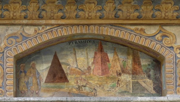Fresco of the Pyramids of Giza at the Fountain of Wonders, 1508, in the courtyard of Neustift St