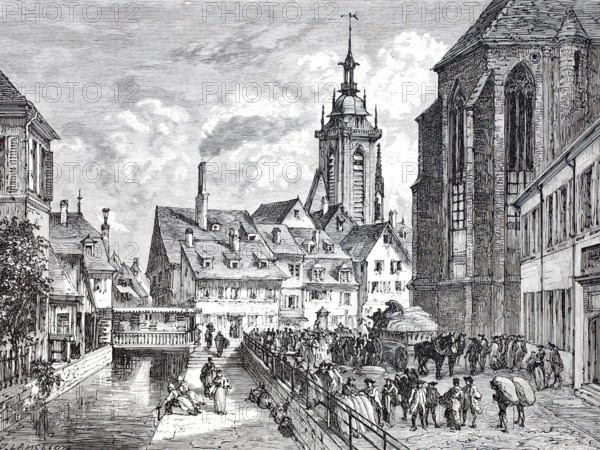 The corn market in Colmar, 1870, Alsace, France, Historical, digitally enhanced reproduction of a