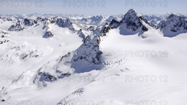 winter mountain landscape in the Silvretta mountain range in the Swiss Alps with famous Piz Buin