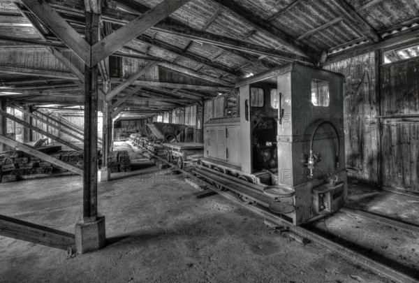 Discarded diesel locomotive in the Bavarian peat and bog museum, Rottau, Grassau, Upper Bavaria,