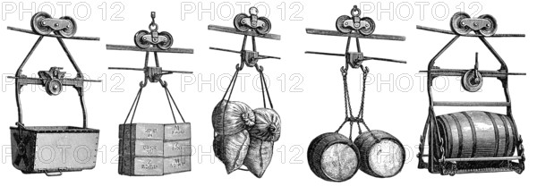 Historical illustration, 19th Century, Cable car transport systems, Fördergefäße und Lasten einer