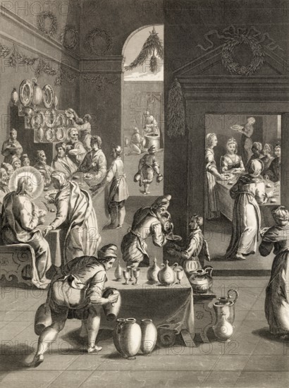 The wedding in Cana of Galilee, Steel engraving 1853, digitally restored