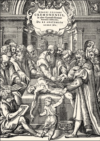 Title page from 1559, Realdo Colombo, anatomy lessons in the 16th century, Titelseite von 1559,