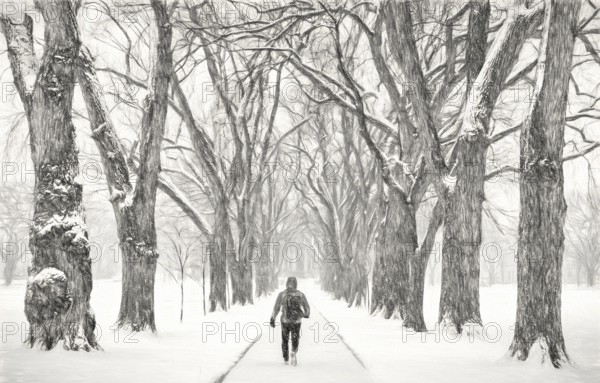 Lonely male figure walking in a blizzard - alley of old elm trees - historical Oval at Colorado