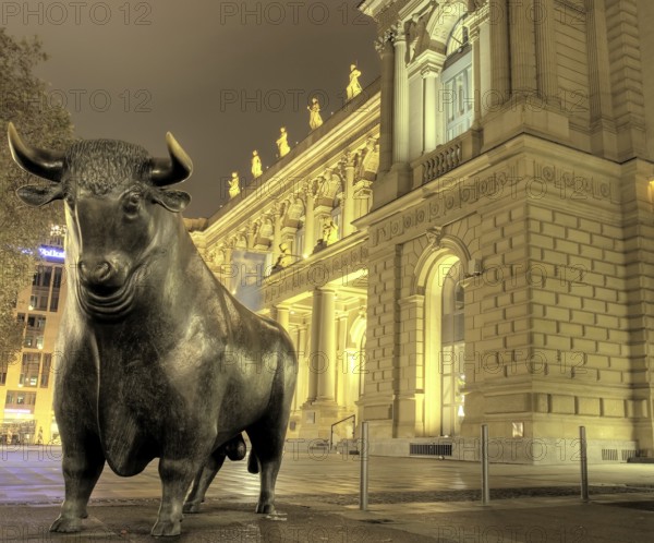 Bull sculpture at night, Stock Exchange, Frankfurt, Germany Frankfurt, Germany