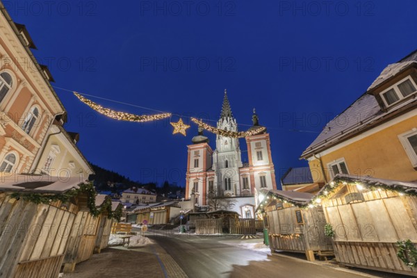 Advent atmosphere, pilgrimage church, basilica of Mariazell, blue hour in the early morning,