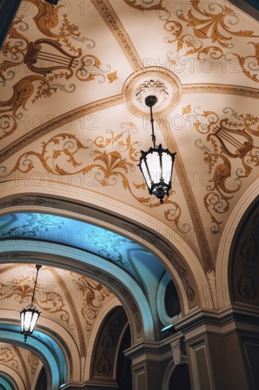 Low angle view of chandelier National Odessa National Academic Opera and Ballet Theatre at night.