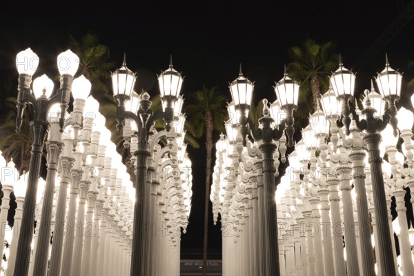 A picture of Urban Light, a public art designed by Chris Burden and unveiled in 2008, next to the