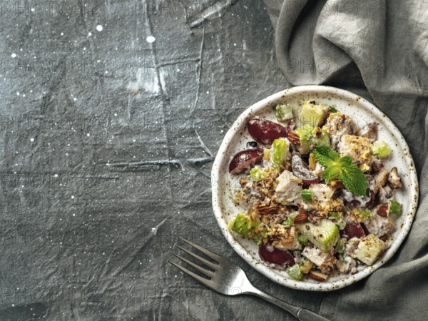 Waldorf salad with copy space. American fruit and nut salad with apples, celery, grapes, chicken