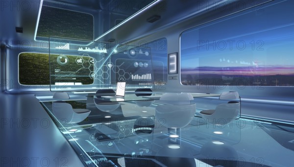 Modern sci-fi futuristic interior office design with green wall plant and beautiful night scene