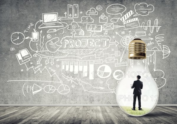 Businessman inside of light bulb in empty concrete room and sketches on wall